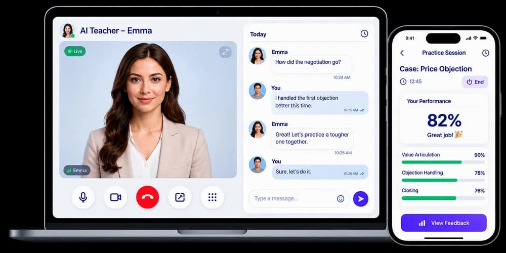 AI Teacher session shown on a laptop and progress shown on a phone